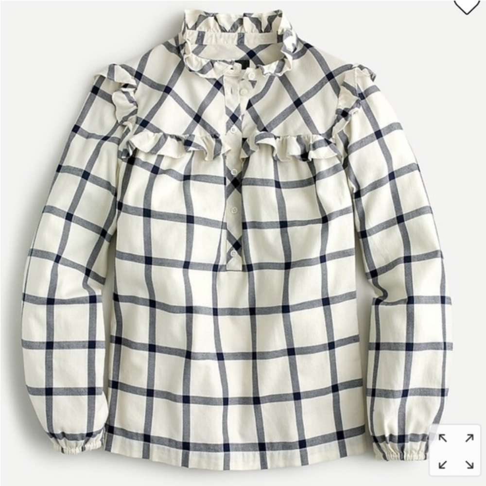 J. Crew Ruffle Popover Top Blouse Shirt XS Extra Small Blue White Plaid Flannel